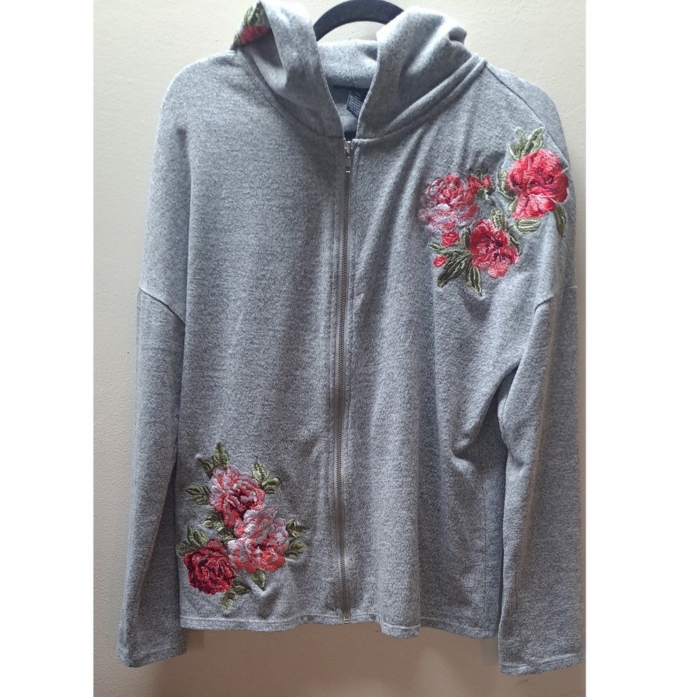 INC International Concepts Gray Floral Embroidered Zip Up Hoodie XXL